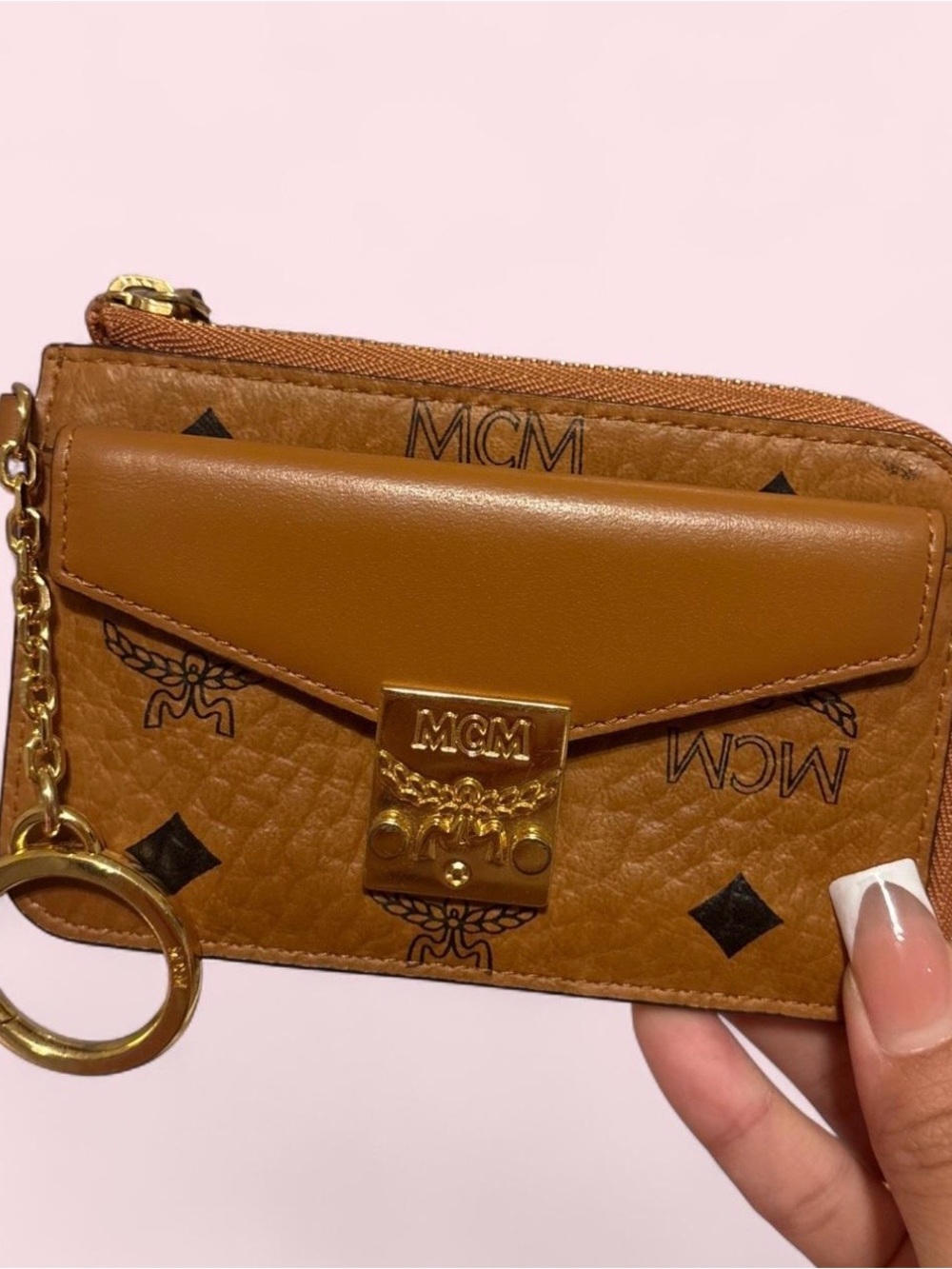 MCM Cognac Logo Keyring Card Case with Gold Hardware